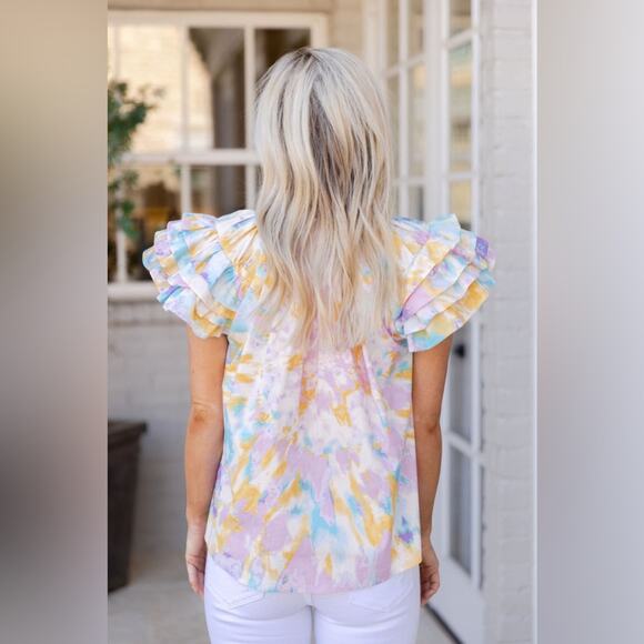 BUDDY LOVE Pastel Tie-Dye Ruffle Sleeve Blouse Top - Picture 2 of 6